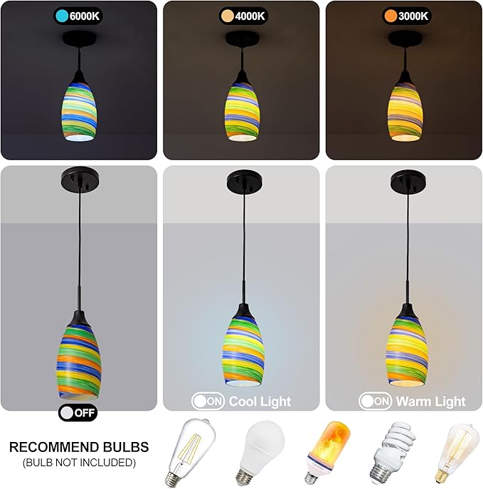 Mini Glass Pendant Light,4.72" Rainbow Hanging Lights 1-Pack Handblown Oval Rainbow Art Glass Hanging Pendant Light for Kitchen Island,Dining Room,Living,Foyer,Hallway, Entry