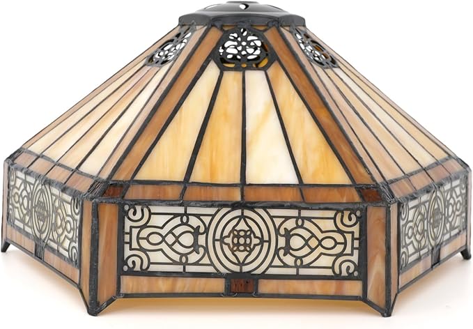 Tiffany Lamp Shade Replacement, 12 Inch Openwork Hexagon Stained Glass Vintage Handmade Cute Decor Ceiling Light Shade for Table Lamp Pendant Light