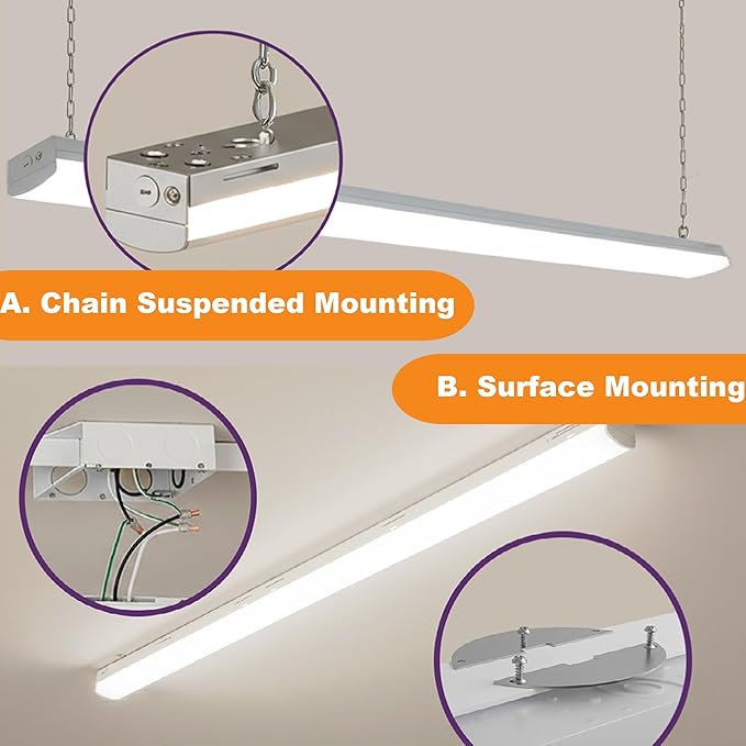 4FT LED Strip Light, 45W/38W/34W Selectable, 3500K/4000K/5000K CCT Tunable, 120–277V, 130 LM/W, 0–10V Dimmable, DLC 5.1S, UL Listed, Commercial Linear Fixture