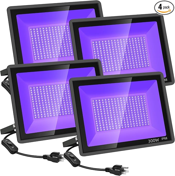 4 Pack 300W LED Black Flood Light, Outdoor with Plug and Switch, IP66 Waterproof Blacklight for Glow Party, Halloween, Fluorescent Poster, Body Paint, Aquarium