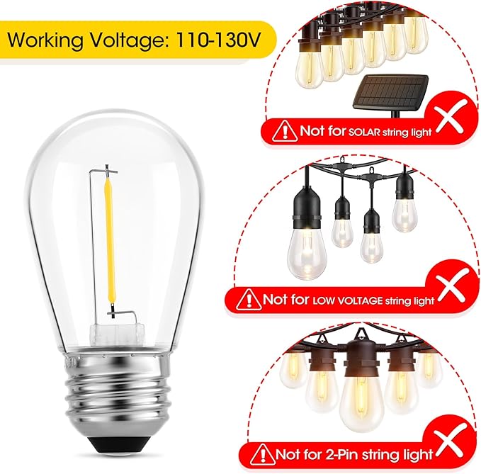 Meconard 24-Pack LED 1W String Light Bulbs, S14 Plastic Shatterproof Edison Vintage Style Replacement 1 Watt Outdoor Light Bulbs 2200K, Waterproof, Warm White Equivalent to 11w, E26 Base