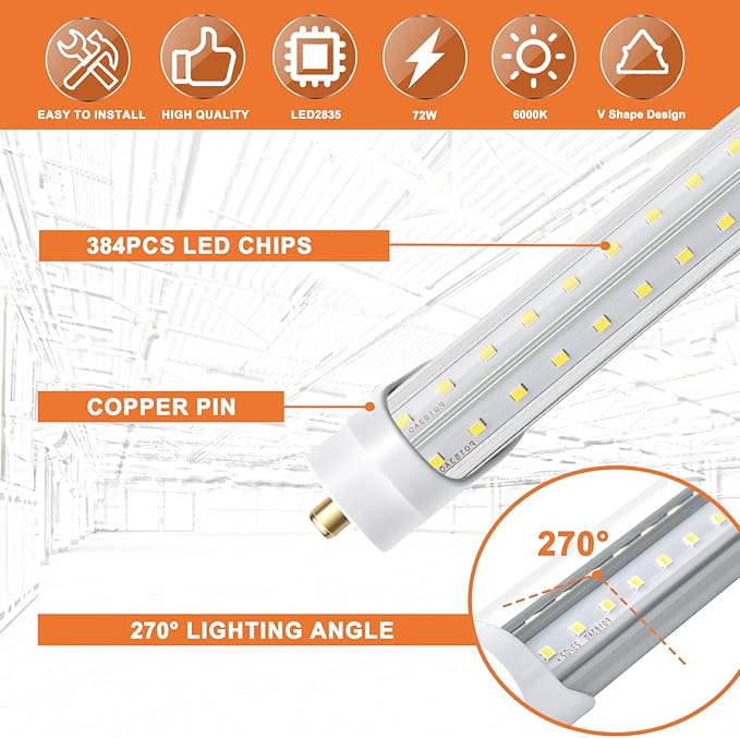 8ft LED Bulbs, 8 Foot LED Shop Light Bulb 72W 6000K 10000lm, Super Bright,T8 T10 T12 V Shape FA8 Lights, Clear Cover, F96T12 Bulbs to Replace Fluorescent Light Bulbs(Pack of 12)