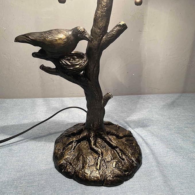 Bieye L10945 Ravens Sitting on Bare Tree Branch Against Full Moon Hand-Painted Glass Table Lamp with Raven Nest Lamp Base for Halloween Home Decor