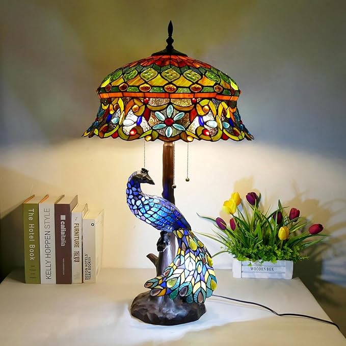 18-Inch Large Tiffany Lamp Shade Replacement, Only Vintage Stained Glass Rose Peacock Hat Lampshades fit for Table Lamps Floor Lamps Desk Bedside Reading Lighting,Hat