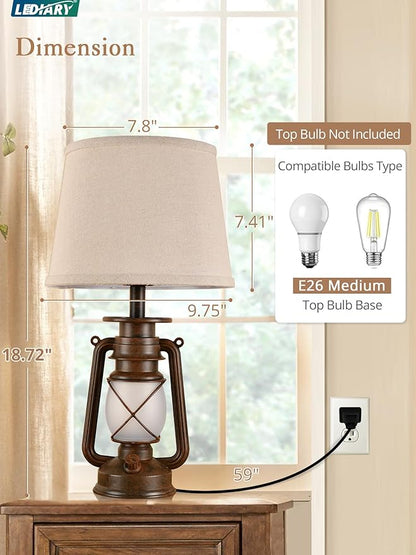 LEDIARY 18.72" LED Vintage Lantern Flickering Flame Table Lamps for Bedrooms Set of 2, Small Farmhouse Rustic Vintage End Table Lamps, Halloween Decorative Lantern Bedside Lamps for Living Room