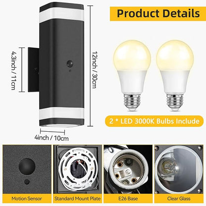 SHIMR Motion Sensor Outdoor Wall Light, Modern Dusk to Dawn Up Down Sconce with 3 Modes, Waterproof Exterior Light Fixture for Porch Garage Patio, 3000K LED Bulb Included, Black Finish