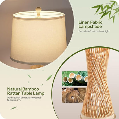 24.4”Farmhouse Rattan Table Lamps Set of 2, Touch Bedside Lamps for Bedroom with 3-Way Dimmable Night Light, USB A+C Charging Ports, Bamboo Boho Nightstand Lamps, White, W04TC05