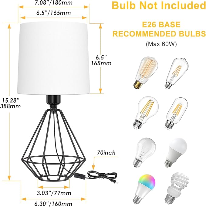 GGOYING Set of 2 Bedside Table Lamp, Black Metal Modern Lamp with White Fabric Shade, Simple Side Lamp for Living Room,Bedroom,Home,Office Working