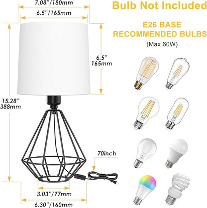 GGOYING Set of 2 Bedside Table Lamp, Black Metal Modern Lamp with White Fabric Shade, Simple Side Lamp for Living Room,Bedroom,Home,Office Working