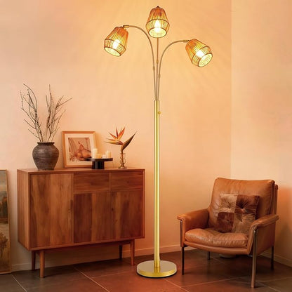 9MMML Vintage Gold Arc Floor Lamp with Rotatable Arms & Rattan Lampshade, 3-Light Mode Rotary Switch Adjustable, 72.5'' Tall Standing Lamp for Living Room, Bedroom, E26 Base