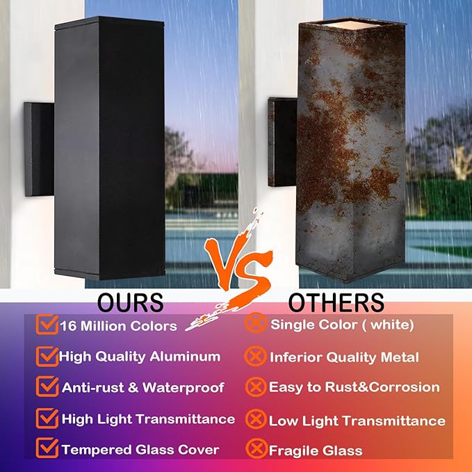 Up and Down Lights Outdoor Wall Lights, RGB LED Dusk to Dawn Outdoor Lighting, IP56 Black Aluminum Anti Rust Waterproof Outdoor Light Fixtures Wall Mount for House Front Door Porch Patio