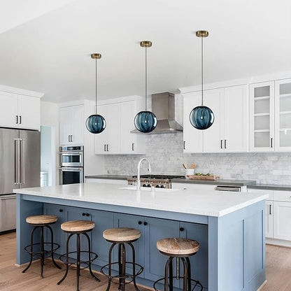 KCO Lighting Glass Globe Pendant Light Single Blue Pendant Lights Kitchen Island Brushed Gold Hanging Light Fixture Mid Century Retro Hanging Lamp Vintage Striped Pendant Light