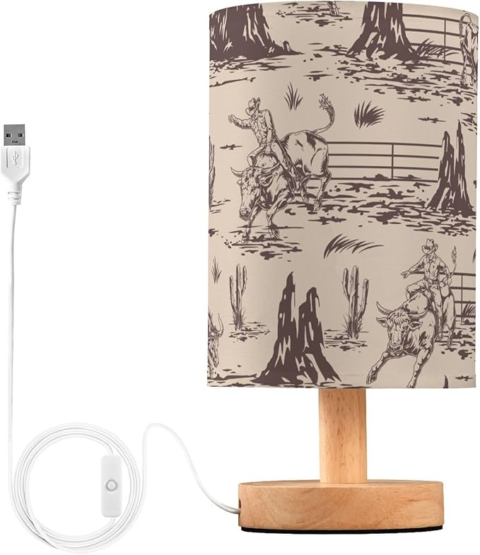 Bedside Lamp West Cactus Cowboy Table Lamp for Bedroom LED Nightstand Lamp Shade USB Ports Wood Base for Living Room Dorm Office