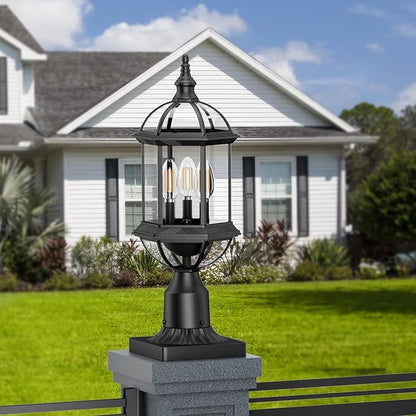 Outdoor Post Lights,19.21" 3-Light Lamp Post Light Fixture,Hardwired 120V Exterior Waterproof Pole Lighting,Modern Black Aluminum Lantern for Garden, Yard, Patio, Pathway