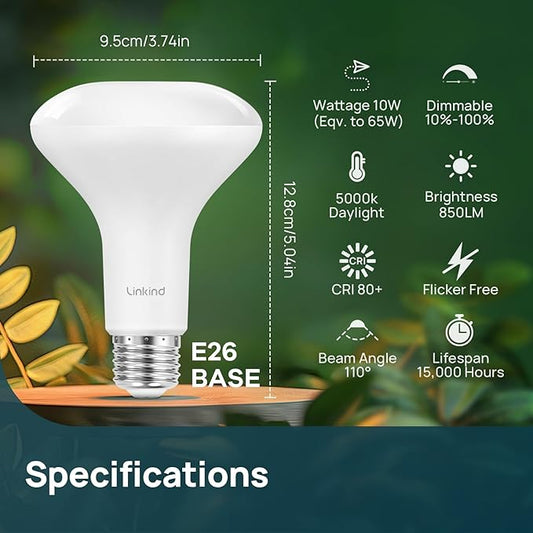 Linkind BR30 LED Flood Light Bulbs Indoor, 65W Equivalent Dimmable LED Recessed Bulbs, 10W 850 Lumens, 5000K Daylight E26 Base, Recessed Can Light Bulb for Bedroom Dining Room Bathroom, 2 Packs