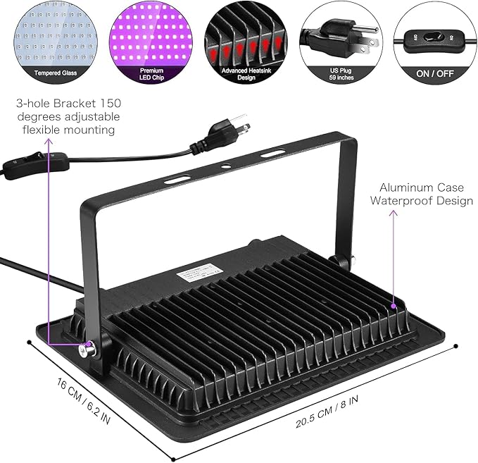 3 Pack 100W LED Black Lights, Blacklight Flood Light with Plug and Switch, 120V IP66 Waterproof Blacklight for Halloween Party, Glow in The Dark, Stage Light, Body Paint, Neon Glow