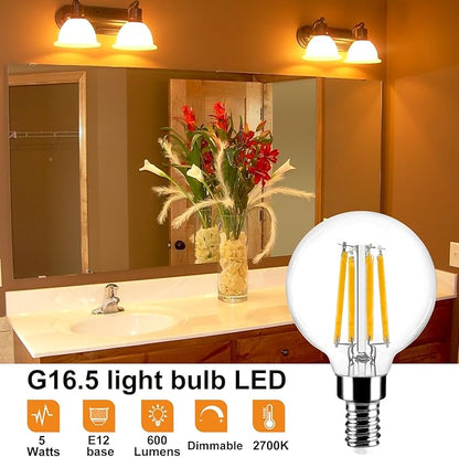 Vinaco G16.5 Candelabra Base Bulbs LED, 6 Pack 600LM G16.5 Light Bulb LED 5W, Equivalent 60W, Warm White 2700K No Flicker G 16.5 Dimmable Bulbs 120V, E12 Base for Chandeliers, Ceiling Fan, Pendant.