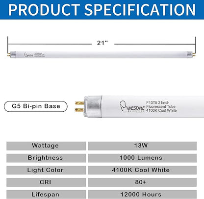 8 Pack 21 Inch F13T5/CW Fluorescent Light Bulb, 4100K Cool White, T5 13 Watts Fluorescent Replacement Bulb for Counter and Cabinet Fixture, G5 Base