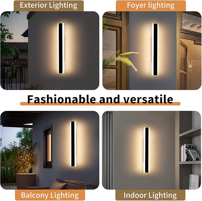 23.6inch Modern Outdoor Wall Light, 3000K Warm White Linear Outside Wall Sconce Waterproof IP65, Acrylic Panel, Black LED Long Wall Lights for Garage Garden Exterior Wall Mount Lights