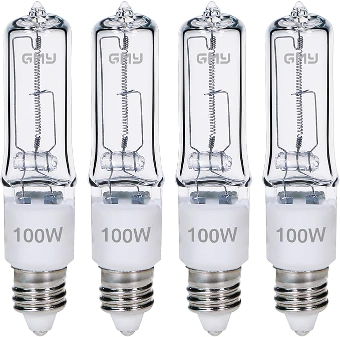 GMY JDE11 120V 100W T4 JDE11 Bulb, Mini Candelabra Base E11 Bulb, 1600lm 2800K Clear Dimmable 100 watt Halogen Light Bulbs for Ceiling fan light bulbs Replace E11 Led Bulb - 4Pack
