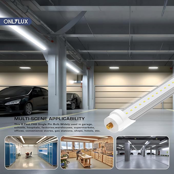 T8 8ft LED Bulbs, F96T12 Led Replacement 8 Foot Led Lights, 6000K 40W 4800LM (100W 8' Fluorescent Equivalent),Single Pin FA8 Base, 110V 120V 277V Input, Clear Cover (10 Pack)