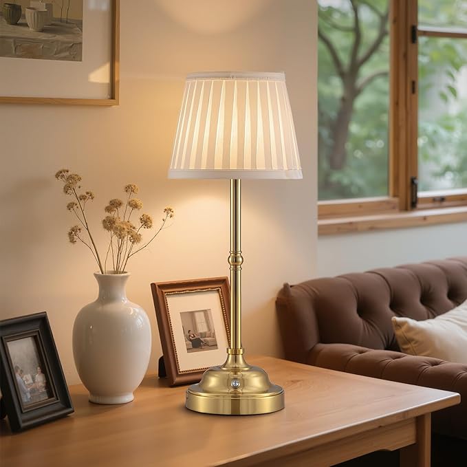 YIEONSHION Portables Cordless Table Lamp, Fabric Shade Desk Lamp, Rechargeable Battery Powered Lighting, Dimmable Light for Dining Room, Bedroom, Bedside, Bar, Night Light, Camping, Balcony