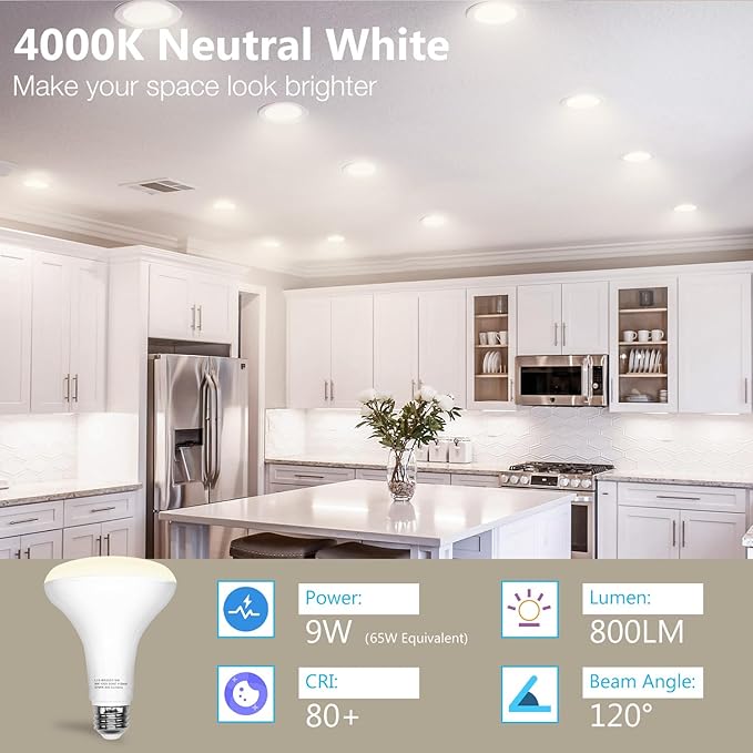 DAYBETTER BR30 LED Light Bulbs Indoor Flood Light 65W Equivalent, Neutral White 4000K, 12Pack Dimmable Recessed Bulb for Bedroom Kitchen Living Areas, E26 Standard Base, 800 Lumens