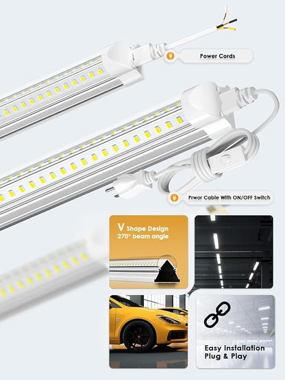 8ft LED Shop Light - 90W 12000lm 5000K, 8 Foot LED Shop Light Fixture, V Shape Bulbs for Garage, Workshop, Warehouse, Plug and Play, Energy Efficient (10 Pack)
