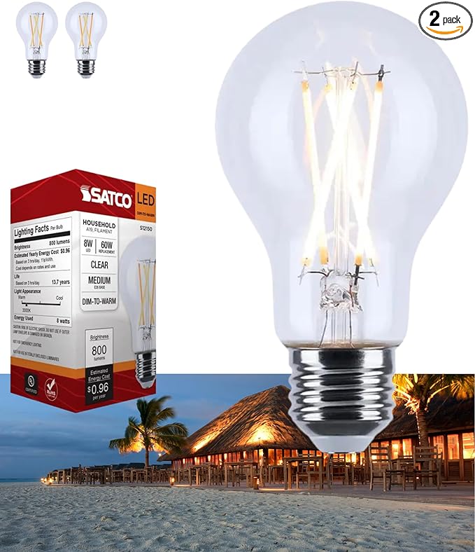Satco S12150 8W LED A19 Bulb, Warm Dimming 3000K-2000K, 800 Lumens, 90 CRI, 60W Replacement, Clear Glass, E26 Medium Base, Enclosed Fixture Rated, Dimmable, 120 Volt (2 Pack)