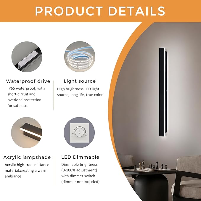 Modern Black Outdoor Wall Lights for House 47.2" Garage Exterior Lighting Fixtures LED IP65 Outdoor Wall Light Dimmable 3000K-6000K Long Strip Anti-Rust Wall Lamp for Patio Passage Porch