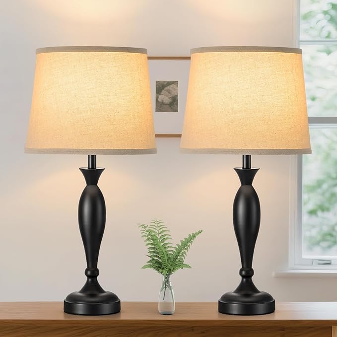 22.6" Table Lamp, 2Pcs Modern Bedside Lamps Desk Reading Light for Living Room Nightstand Bedroom Dormitory Home Office, Black