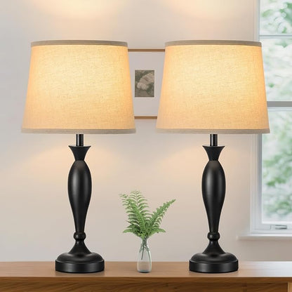 22.6" Table Lamp, 2Pcs Modern Bedside Lamps Desk Reading Light for Living Room Nightstand Bedroom Dormitory Home Office, Black