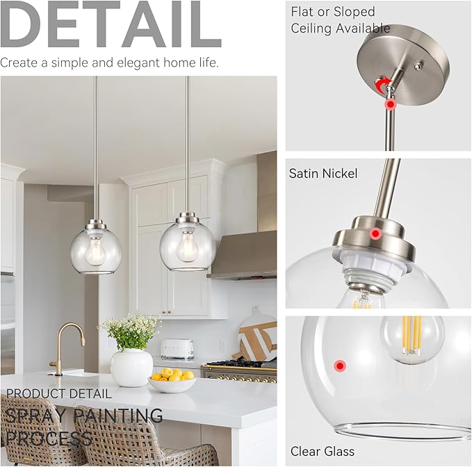 Globe Pendant Light Fixtures, Indoor Brushed Nickel Hanging Ceiling Lights with White Frosted Glass Shades, Adjustable Light for Kitchen Island Bedroom, 2 Pack