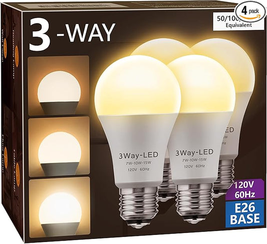 Briignite LED Light Bulbs, 3 Way Light Bulbs 50 100 150W Equivalent, 3 Way Light Bulb, Three Way A19 E26 Medium Base, Warm White 3000K, 600lm-1200lm-1600lm, 4 Pack