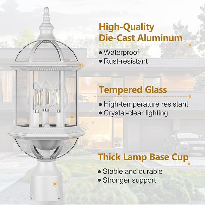 White Outdoor Post Light,19.21" 3-Light Lamp Post Light Fixture,Waterproof Anti-Rust Aluminum Pole Lights Outside Lantern for Garden,Yard,Patio,Pathway Lighting