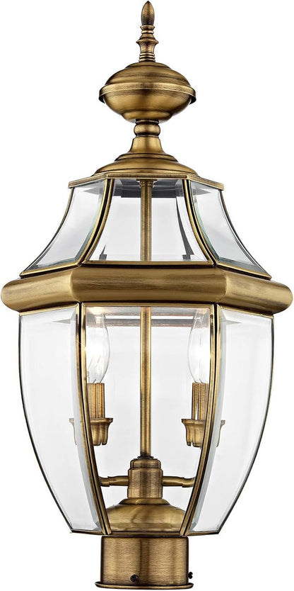 Livex Lighting 2254-01 Monterey 2 Light Outdoor Antique Brass Finish Solid Brass Post Head with Clear Beveled Glass