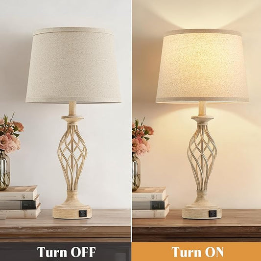 Bedside Table Lamp for Bedroom Set of 2 - Beige Nightstand Lamps with USB C+A Ports,Rustic Distressed Farmhouse Bedroom Lamp - Lamp for Living Room Reading Bed Side End Table Bulbs Included