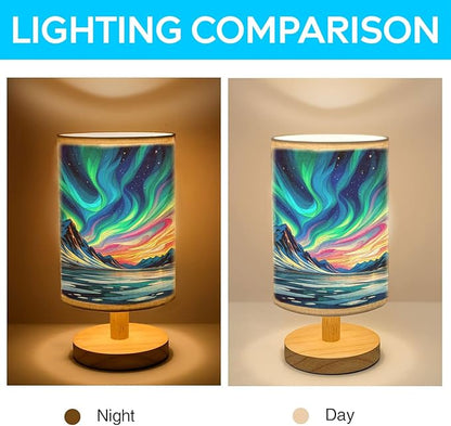 Aurora Night in The Polar Region Table Lamp LED 3-Color Pressed Bedside, Aurora Night in The Polar Region Shade Lamp with Wood Base for Bedroom Living Room Desk Office TL01