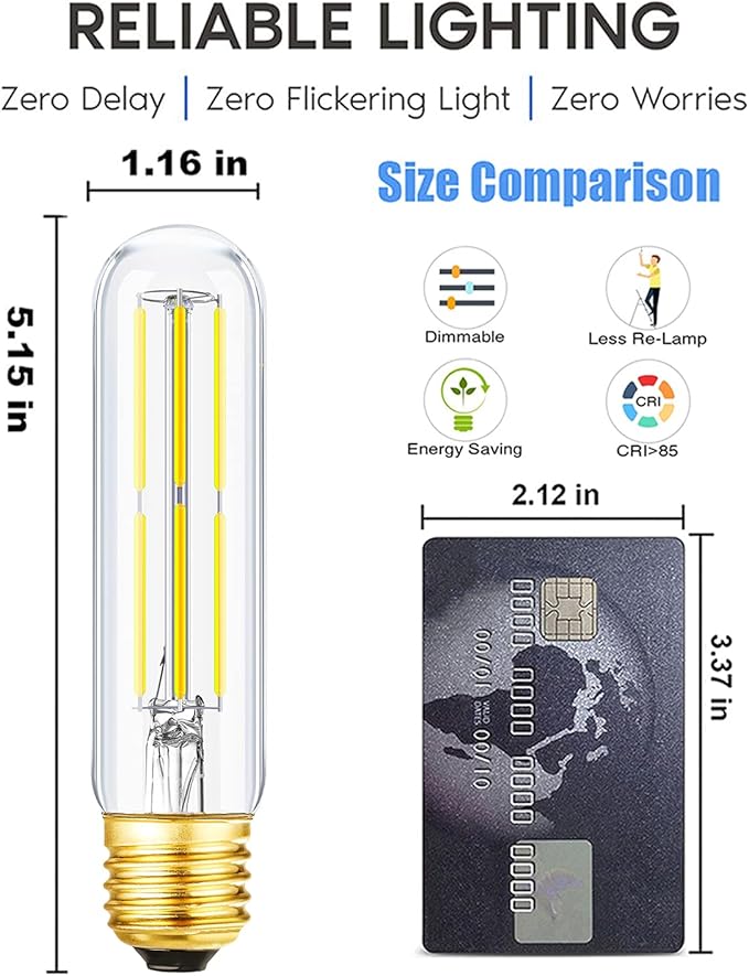 T10 Led Bulb,Dimmable 6W Led Tubular Bulbs, 60 Watt Incandescent Bulb Equivalent, 5000K Cool White, Clear Glass, E26 Base Lamp Bulb, for Cabinet Display Cabinet etc. (Cool White-3P)