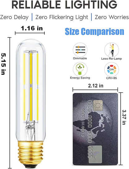 E26 Tubular Light Bulb 6W,Dimmable Led Tube Bulbs,Cool White 5000K,60 Watt Incandescent Bulb Equivalent,T10 Led Light Bulb for Cabinet Display Cabinet etc,Clear Glass,5.1in, 6 Pack.