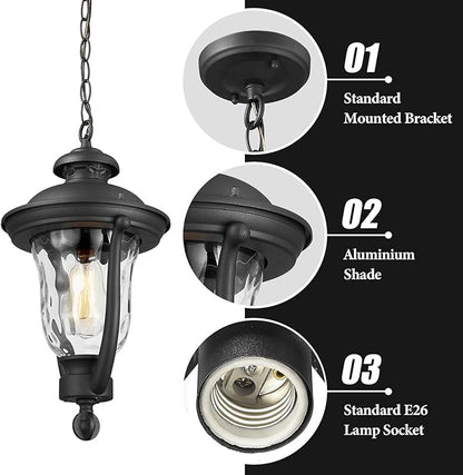 Outdoor Pendant Lights,Modern Exterior Hanging Porch Light,Height Adjustable Outside Hanging Lantern Matte Black Vintage for Enterance,Gazebo, Foyer, Water Ripple Glass Lamp Shade