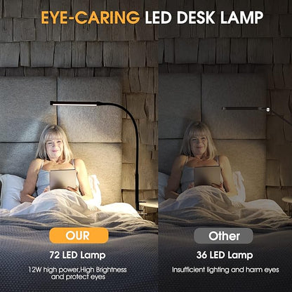 LED Desk Lamp with Clamp, Eye-Caring Clip on Lights for Home Office, 3 Modes 10 Brightness, Long Flexible Goose-Neck, Metal, Swing Arm Architect Task Table Lamps with USB Adapter, White