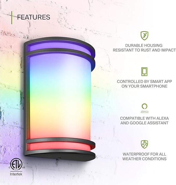 ASD 10 Inch Smart RGBW LED Outdoor & Indoor Wall Mount Light Fixture - Black RGB Wall Sconce Exterior Lighting - 120-277V 15W 2700-6500K Dimmable, Remote Control, Alexa - Front Door, Patio ETL 2 Pack