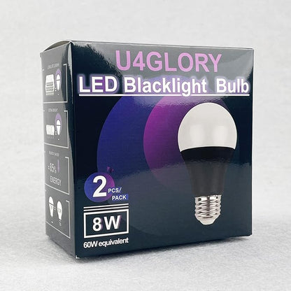 LED Black Light Bulbs - 8W(60Watt Equivalent), Black Light Bulbs with E26 Base, UVA Level 395-400nm, Glow in The Dark for Blacklights Party, Body Paint, Halloween, Neon Glow, 2 Pack