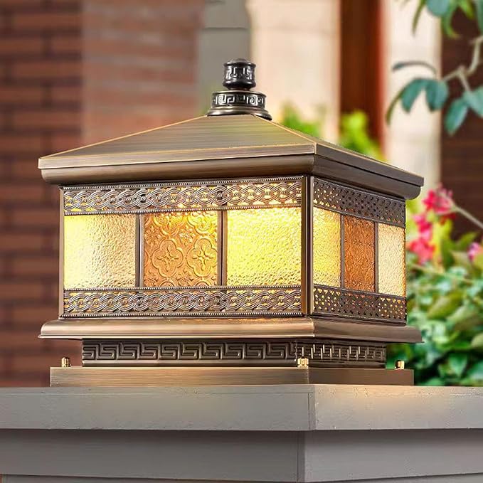 All Copper Steel Glass Outdoor Post lights, Waterproof Pillar Light, Vintage Patio Lawn Column Lamp,outdoor column lights,Deck Lights, Lantern Fence Lamp Fixture E26 Base (Flower glass, 16X16IN)