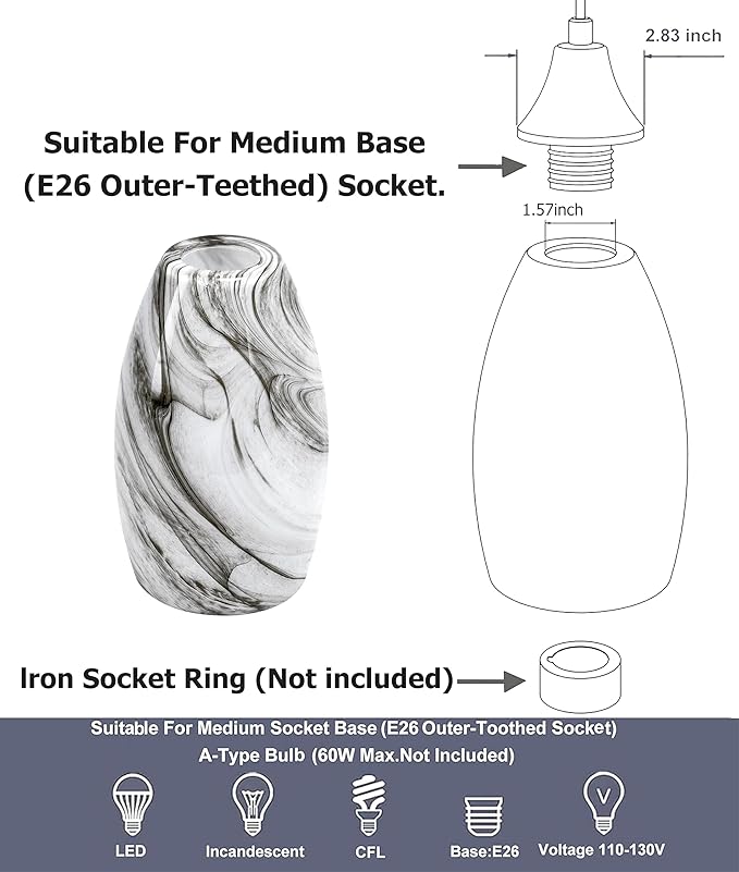 GO&SO 2 Pack Smoke-Gray Gradient Glass Pendant Light Shade,7.8"H Oval Glass Art Fixture, 1.57" Fitter, E26 Base, Hand-blown Marble Ceiling Light, Dining Room, Hallway & Track Pendant Lights
