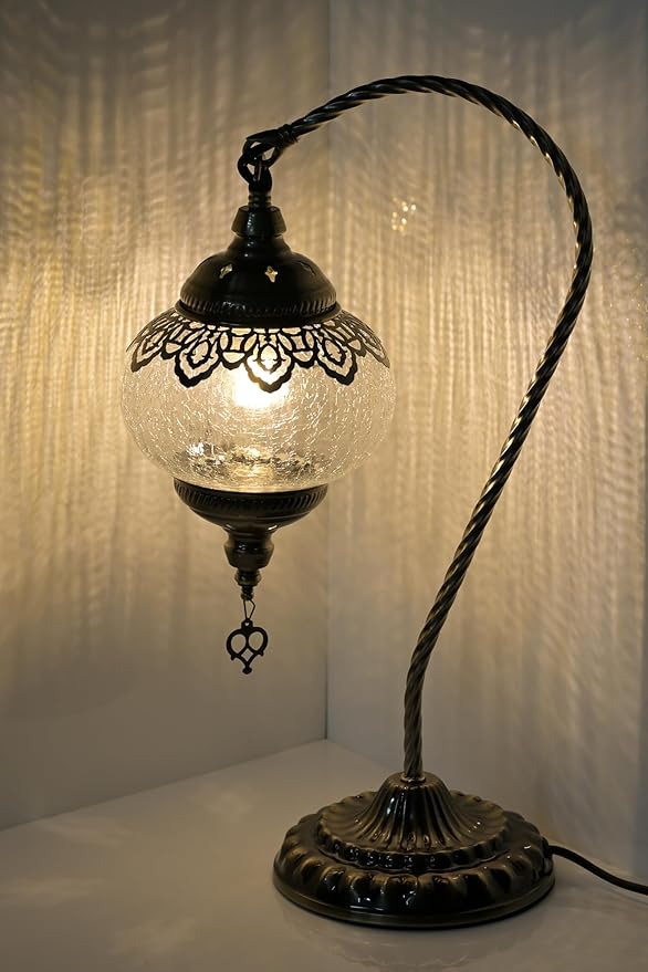 Swan Neck Turkish Moroccan Lamp Handmade Stained Mosaic Glass Vintage Lamp Shade Bohemian Tiffany Style Bedside Night Lamp Lighting for Bedroom Living Room (White)