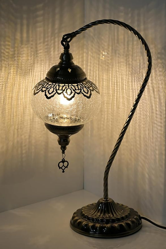 Swan Neck Turkish Moroccan Lamp Handmade Stained Mosaic Glass Vintage Lamp Shade Bohemian Tiffany Style Bedside Night Lamp Lighting for Bedroom Living Room (White)