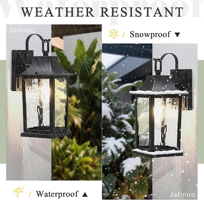 2-Pack Porch Light Fixture，Matte Black Outdoor Wall Sconce Light - 13" Rustproof Aluminum Exterior Lighting with Water Pattern Glass for Patio Yard House Hallway Doorway Garage