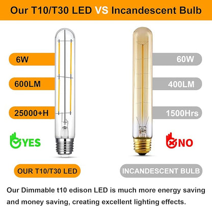 7.3 Inch T10 LED Bulb 6W (Equal 60W), Jacqueny 6PCS Dimmable Clear T10 LED E26 High Output 2700K Warm White, No-Flicker Edison T30/T10 Tubular Light Bulb 600LM, Long Lifetime For Wall Sconces, Pendant